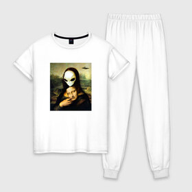 Женская пижама хлопок с принтом Mona Lisa в Курске, 100% хлопок | брюки и футболка прямого кроя, без карманов, на брюках мягкая резинка на поясе и по низу штанин | alien | da | gioconda | la | leonardo | lisa | mona | renaissance | smile | ufo | vinci | винчи | да | джоконда | инопланетянин | леонардо | лиза | мона | нло | ренессанс | улыбка