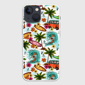 Чехол для iPhone 13 mini с принтом Летнее Настроение в Курске,  |  | Тематика изображения на принте: волны | деревья | купальник | лето | листья | море | океан | остров | отпуск | пальмы | пляж | природа | птицы | путешествие | серфинг | солнце | спорт | таиланд | тропики | туризм | цветы