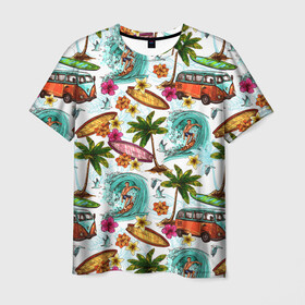 Мужская футболка 3D с принтом Летнее Настроение в Курске, 100% полиэфир | прямой крой, круглый вырез горловины, длина до линии бедер | волны | деревья | купальник | лето | листья | море | океан | остров | отпуск | пальмы | пляж | природа | птицы | путешествие | серфинг | солнце | спорт | таиланд | тропики | туризм | цветы