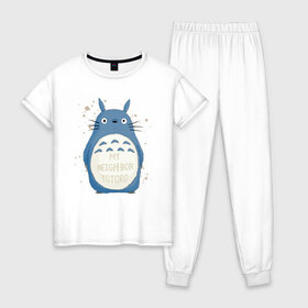 Женская пижама хлопок с принтом My Neighbor Totoro в Курске, 100% хлопок | брюки и футболка прямого кроя, без карманов, на брюках мягкая резинка на поясе и по низу штанин | Тематика изображения на принте: totoro | аниме | мой сосед тоторо | мультфильм | тоторо | фэнтези | хаяо миядзаки