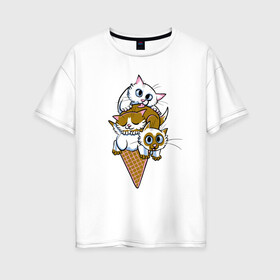 Женская футболка хлопок Oversize с принтом Ice Cream Cats в Курске, 100% хлопок | свободный крой, круглый ворот, спущенный рукав, длина до линии бедер
 | animal | cat | cute | kitty | meow | друг | еда | животные | киска | китти | кот | котенок | котик | кошечка | кошка | лев | леопард | милый | мороженое | мур | мяу | пантера | питомец | рысь | тигр | улыбка