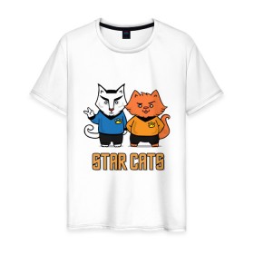 Мужская футболка хлопок с принтом Star Cats в Курске, 100% хлопок | прямой крой, круглый вырез горловины, длина до линии бедер, слегка спущенное плечо. | animal | cat | cute | kitty | meow | друг | животные | киска | китти | кот | котенок | котик | кошечка | кошка | лев | леопард | милый | мур | мяу | пантера | питомец | рысь | тигр | улыбка