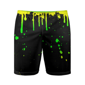 Мужские шорты спортивные с принтом НЕОНОВЫЕ ПОДТЕКИ в Курске,  |  | вода | желтый | зеленый | капли | кляксы | краска | неон | неоновый | подтеки | пятна