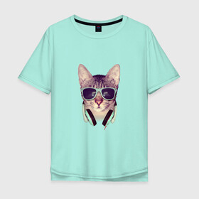 Мужская футболка хлопок Oversize с принтом кот в очках и наушниках в Курске, 100% хлопок | свободный крой, круглый ворот, “спинка” длиннее передней части | кот | кошка | мода | модник | мятный | наушники | очки | реализм | салатный | фото | хипстер | черный
