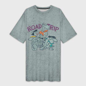 Платье-футболка 3D с принтом ROAD TRIP в Курске,  |  | bamm bamm rubble | barney rubble | bedrock | betty rubble | dino | flintstones | fred flintstone | hoppy | pebbles | stone age | vdgerir | wilma | флинстоун | флинтстоун