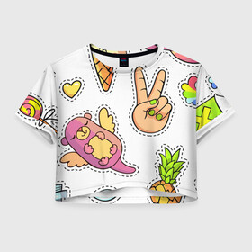 Женская футболка Crop-top 3D с принтом Emoji в Курске, 100% полиэстер | круглая горловина, длина футболки до линии талии, рукава с отворотами | emoji | еда | животные | звери | наклейки | позитив | смайлы | стикеры
