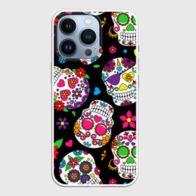 Чехол для iPhone 13 Pro с принтом Шальные черепа в Курске,  |  | doodling | textures | tiles | день мёртвых | дудлинг | тайлы | текстуры | фон | цветы | череп | черепа | черный