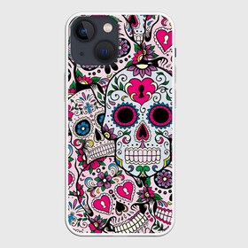 Чехол для iPhone 13 mini с принтом Весёлые черепа в Курске,  |  | doodling | textures | tiles | белый | день мёртвых | дудлинг | желтый | звезды | зеленый | красный | кремовый | розовый | синий | тайлы | текстуры | фон | цветы | череп | черепа | черный