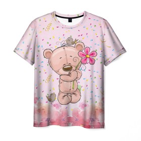 Мужская футболка 3D с принтом Милый мишка с цветочком в Курске, 100% полиэфир | прямой крой, круглый вырез горловины, длина до линии бедер | Тематика изображения на принте: воробушек | воробьи | медведь | медвежонок | мишка | плюшевый мишка | подарок | птичка | цветок | цветочки
