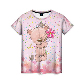 Женская футболка 3D с принтом Милый мишка с цветочком в Курске, 100% полиэфир ( синтетическое хлопкоподобное полотно) | прямой крой, круглый вырез горловины, длина до линии бедер | воробушек | воробьи | медведь | медвежонок | мишка | плюшевый мишка | подарок | птичка | цветок | цветочки