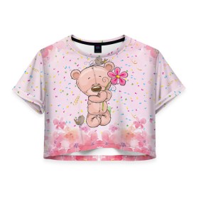Женская футболка Crop-top 3D с принтом Милый мишка с цветочком в Курске, 100% полиэстер | круглая горловина, длина футболки до линии талии, рукава с отворотами | воробушек | воробьи | медведь | медвежонок | мишка | плюшевый мишка | подарок | птичка | цветок | цветочки