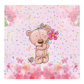 Магнитный плакат 3Х3 с принтом Милый мишка с цветочком в Курске, Полимерный материал с магнитным слоем | 9 деталей размером 9*9 см | Тематика изображения на принте: воробушек | воробьи | медведь | медвежонок | мишка | плюшевый мишка | подарок | птичка | цветок | цветочки