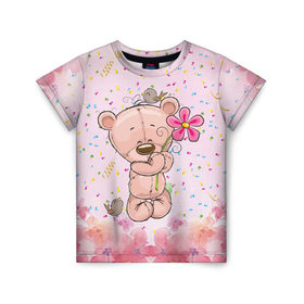 Детская футболка 3D с принтом Милый мишка с цветочком в Курске, 100% гипоаллергенный полиэфир | прямой крой, круглый вырез горловины, длина до линии бедер, чуть спущенное плечо, ткань немного тянется | воробушек | воробьи | медведь | медвежонок | мишка | плюшевый мишка | подарок | птичка | цветок | цветочки