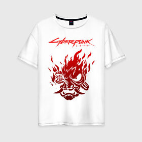 Женская футболка хлопок Oversize с принтом CYBERPUNK 2077. в Курске, 100% хлопок | свободный крой, круглый ворот, спущенный рукав, длина до линии бедер
 | cd project red | cyberpunk | cyberpunk 2077 | keanu reeves | samurai | киану ривз | киберпанк | киберпанк 2077 | самураи