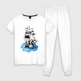 Женская пижама хлопок с принтом Корабль в Курске, 100% хлопок | брюки и футболка прямого кроя, без карманов, на брюках мягкая резинка на поясе и по низу штанин | captain | fashion | ocean | sail | sailor | sea | ship | style | travel | water | yacht | вода | капитан | корабль | матрос | мода | море | океан | парус | путешествие | свобода | солнце | стиль | яхта