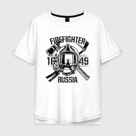 Мужская футболка хлопок Oversize с принтом FIREFIGHTER RUSSIA в Курске, 100% хлопок | свободный крой, круглый ворот, “спинка” длиннее передней части | Тематика изображения на принте: 112 | 23 февраля | 27 декабря | firefighter | герб | гкчс | знак | лого | логотип | министерство | мчс | мчс россии | мчсник | по чрезв | пожарная охрана | пожарник | пожарный | пч | россии | рф | символ | ситуации
