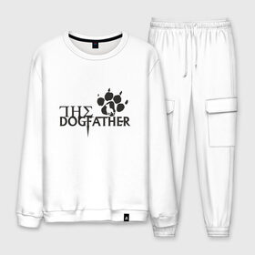 Мужской костюм хлопок с принтом The Dogfather в Курске, 100% хлопок | на свитшоте круглая горловина, мягкая резинка по низу. Брюки заужены к низу, на них два вида карманов: два “обычных” по бокам и два объемных, с клапанами, расположенные ниже линии бедра. Брюки с мягкой трикотажной резинкой на поясе и по низу штанин. В поясе для дополнительного комфорта — широкие завязки | amimals | dog | doggy | woof | арт | боксер | бульдог | бультерьер | волк | гав | доберман | дог | долматинец | друг | животные | йорк | картинка | мопс | овчарка | пёс | песик | питомец | пудель | рисунок | сенбернар