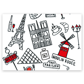 Поздравительная открытка с принтом Париж Достопримечательности в Курске, 100% бумага | плотность бумаги 280 г/м2, матовая, на обратной стороне линовка и место для марки
 | багет | достопримечательности | лувр | метро | муленруж | париж | эйфелева башня