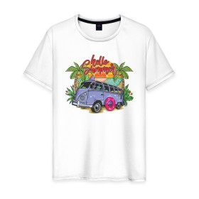 Мужская футболка хлопок с принтом Hello Summer в Курске, 100% хлопок | прямой крой, круглый вырез горловины, длина до линии бедер, слегка спущенное плечо. | beach | fun | sea | summer | vacation | веселье | лето | море | отдых | пляж