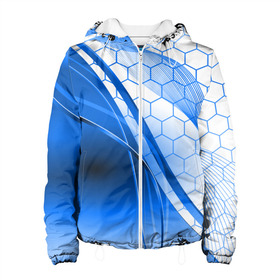 Женская куртка 3D с принтом ABSTRACT BLUE в Курске, ткань верха — 100% полиэстер, подклад — флис | прямой крой, подол и капюшон оформлены резинкой с фиксаторами, два кармана без застежек по бокам, один большой потайной карман на груди. Карман на груди застегивается на липучку | abstraction | geometry | hexagon | neon | paints | stripes | texture | triangle | абстракция | брызги | геометрия | краски | неон | неоновый | соты | текстура