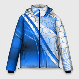 Мужская зимняя куртка 3D с принтом ABSTRACT BLUE в Курске, верх — 100% полиэстер; подкладка — 100% полиэстер; утеплитель — 100% полиэстер | длина ниже бедра, свободный силуэт Оверсайз. Есть воротник-стойка, отстегивающийся капюшон и ветрозащитная планка. 

Боковые карманы с листочкой на кнопках и внутренний карман на молнии. | Тематика изображения на принте: abstraction | geometry | hexagon | neon | paints | stripes | texture | triangle | абстракция | брызги | геометрия | краски | неон | неоновый | соты | текстура