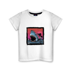 Детская футболка хлопок с принтом White Shark в Курске, 100% хлопок | круглый вырез горловины, полуприлегающий силуэт, длина до линии бедер | Тематика изображения на принте: белая акула | животные | зубы | лето | море | опасный | пальмы | пляж | природа | ретро | рыба | хищник | челюсть | чудовище
