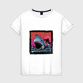 Женская футболка хлопок с принтом White Shark в Курске, 100% хлопок | прямой крой, круглый вырез горловины, длина до линии бедер, слегка спущенное плечо | белая акула | животные | зубы | лето | море | опасный | пальмы | пляж | природа | ретро | рыба | хищник | челюсть | чудовище