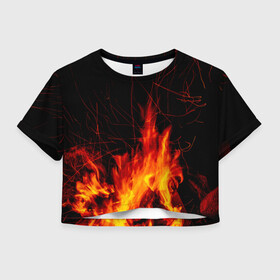 Женская футболка Crop-top 3D с принтом Ночной костер в лесу в Курске, 100% полиэстер | круглая горловина, длина футболки до линии талии, рукава с отворотами | дрова | искры | ночь | огонь
