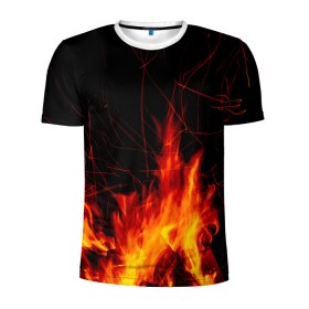 Мужская футболка 3D спортивная с принтом Ночной костер в лесу в Курске, 100% полиэстер с улучшенными характеристиками | приталенный силуэт, круглая горловина, широкие плечи, сужается к линии бедра | дрова | искры | ночь | огонь