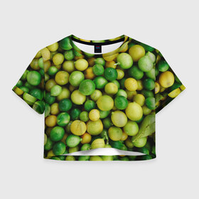 Женская футболка Crop-top 3D с принтом Цытрусы в Курске, 100% полиэстер | круглая горловина, длина футболки до линии талии, рукава с отворотами | лайм | лимон
