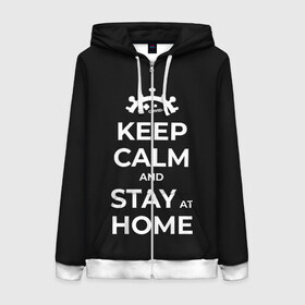 Женская толстовка 3D на молнии с принтом Keep calm and stay at home в Курске, 100% полиэстер | длина до линии бедра, манжеты и пояс оформлены мягкой тканевой резинкой, двухслойный капюшон со шнурком для регулировки, спереди молния, по бокам два кармана | Тематика изображения на принте: covid | covid 19 | keep calm | stay home | stayhome | коронавирус