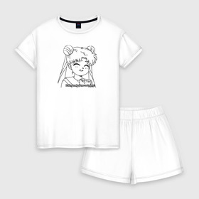 Женская пижама с шортиками хлопок с принтом Еда Делает Меня Счастливой! SM в Курске, 100% хлопок | футболка прямого кроя, шорты свободные с широкой мягкой резинкой | Тематика изображения на принте: 90s | anime girl | cute | kawaii | luna | sailor moon | usagi tsukino | аниме | аниме девушка | каваии | кавай | луна | манга | марс | меркурий | сейлор | сейлор мун | усаги цукино