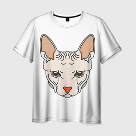 Мужская футболка 3D с принтом Сфинкс в Курске, 100% полиэфир | прямой крой, круглый вырез горловины, длина до линии бедер | арт | животные | картинка | лысая кошка | лысый кот | мультяшный принт | нарисованная кошка | нарисованный кот | принт | рисунок | сфинкс