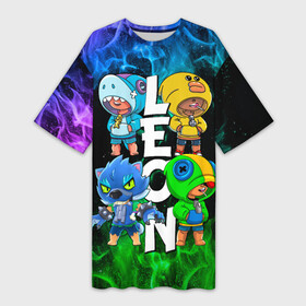 Платье-футболка 3D с принтом Brawl Stars Leon Quattro в Курске,  |  | brawl leon | brawl stars | leon | leon green | leon sally | leon shark | leon wolf | бравл старс | леон | леон акула | леон бравл | леон волк | леон салли