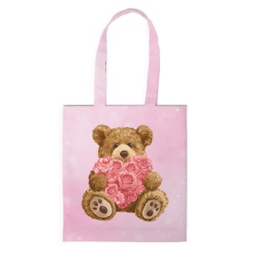 Сумка 3D повседневная с принтом Плюшевый медведь с сердечком в Курске, 100% полиэстер | Плотность: 200 г/м2; Размер: 34×35 см; Высота лямок: 30 см | арт | животные | картинка | медвежонок | мишка | плюшевый медведь | рисунок | розовые цветы | розочки | розы | сердечко | сердце | сердце из роз | цветы