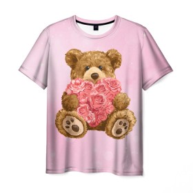Мужская футболка 3D с принтом Плюшевый медведь с сердечком в Курске, 100% полиэфир | прямой крой, круглый вырез горловины, длина до линии бедер | Тематика изображения на принте: арт | животные | картинка | медвежонок | мишка | плюшевый медведь | рисунок | розовые цветы | розочки | розы | сердечко | сердце | сердце из роз | цветы