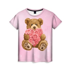 Женская футболка 3D с принтом Плюшевый медведь с сердечком в Курске, 100% полиэфир ( синтетическое хлопкоподобное полотно) | прямой крой, круглый вырез горловины, длина до линии бедер | арт | животные | картинка | медвежонок | мишка | плюшевый медведь | рисунок | розовые цветы | розочки | розы | сердечко | сердце | сердце из роз | цветы