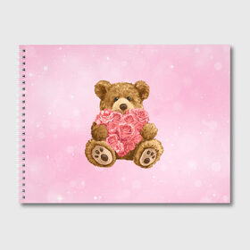 Альбом для рисования с принтом Плюшевый медведь с сердечком в Курске, 100% бумага
 | матовая бумага, плотность 200 мг. | Тематика изображения на принте: арт | животные | картинка | медвежонок | мишка | плюшевый медведь | рисунок | розовые цветы | розочки | розы | сердечко | сердце | сердце из роз | цветы