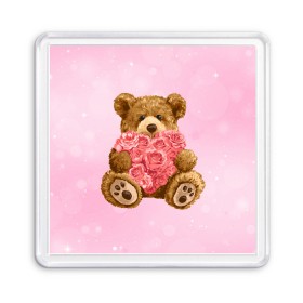 Магнит 55*55 с принтом Плюшевый медведь с сердечком в Курске, Пластик | Размер: 65*65 мм; Размер печати: 55*55 мм | арт | животные | картинка | медвежонок | мишка | плюшевый медведь | рисунок | розовые цветы | розочки | розы | сердечко | сердце | сердце из роз | цветы