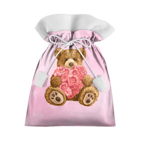 Подарочный 3D мешок с принтом Плюшевый медведь с сердечком в Курске, 100% полиэстер | Размер: 29*39 см | Тематика изображения на принте: арт | животные | картинка | медвежонок | мишка | плюшевый медведь | рисунок | розовые цветы | розочки | розы | сердечко | сердце | сердце из роз | цветы