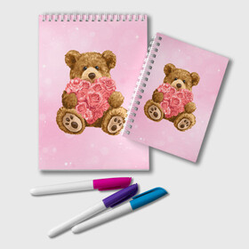 Блокнот с принтом Плюшевый медведь с сердечком в Курске, 100% бумага | 48 листов, плотность листов — 60 г/м2, плотность картонной обложки — 250 г/м2. Листы скреплены удобной пружинной спиралью. Цвет линий — светло-серый
 | Тематика изображения на принте: арт | животные | картинка | медвежонок | мишка | плюшевый медведь | рисунок | розовые цветы | розочки | розы | сердечко | сердце | сердце из роз | цветы
