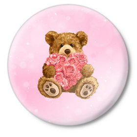 Значок с принтом Плюшевый медведь с сердечком в Курске,  металл | круглая форма, металлическая застежка в виде булавки | Тематика изображения на принте: арт | животные | картинка | медвежонок | мишка | плюшевый медведь | рисунок | розовые цветы | розочки | розы | сердечко | сердце | сердце из роз | цветы