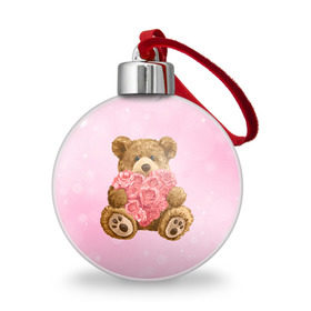 Ёлочный шар с принтом Плюшевый медведь с сердечком в Курске, Пластик | Диаметр: 77 мм | арт | животные | картинка | медвежонок | мишка | плюшевый медведь | рисунок | розовые цветы | розочки | розы | сердечко | сердце | сердце из роз | цветы