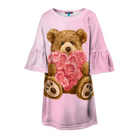 Детское платье 3D с принтом Плюшевый медведь с сердечком в Курске, 100% полиэстер | прямой силуэт, чуть расширенный к низу. Круглая горловина, на рукавах — воланы | арт | животные | картинка | медвежонок | мишка | плюшевый медведь | рисунок | розовые цветы | розочки | розы | сердечко | сердце | сердце из роз | цветы