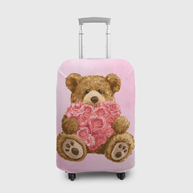 Чехол для чемодана 3D с принтом Плюшевый медведь с сердечком в Курске, 86% полиэфир, 14% спандекс | двустороннее нанесение принта, прорези для ручек и колес | Тематика изображения на принте: арт | животные | картинка | медвежонок | мишка | плюшевый медведь | рисунок | розовые цветы | розочки | розы | сердечко | сердце | сердце из роз | цветы