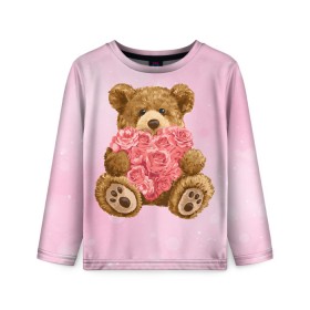 Детский лонгслив 3D с принтом Плюшевый медведь с сердечком в Курске, 100% полиэстер | длинные рукава, круглый вырез горловины, полуприлегающий силуэт
 | арт | животные | картинка | медвежонок | мишка | плюшевый медведь | рисунок | розовые цветы | розочки | розы | сердечко | сердце | сердце из роз | цветы