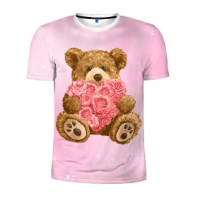 Мужская футболка 3D спортивная с принтом Плюшевый медведь с сердечком в Курске, 100% полиэстер с улучшенными характеристиками | приталенный силуэт, круглая горловина, широкие плечи, сужается к линии бедра | Тематика изображения на принте: арт | животные | картинка | медвежонок | мишка | плюшевый медведь | рисунок | розовые цветы | розочки | розы | сердечко | сердце | сердце из роз | цветы
