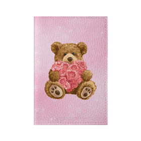 Обложка для паспорта матовая кожа с принтом Плюшевый медведь с сердечком в Курске, натуральная матовая кожа | размер 19,3 х 13,7 см; прозрачные пластиковые крепления | арт | животные | картинка | медвежонок | мишка | плюшевый медведь | рисунок | розовые цветы | розочки | розы | сердечко | сердце | сердце из роз | цветы