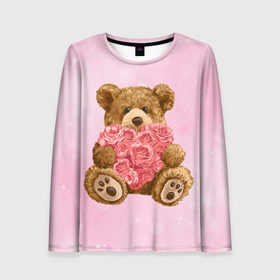 Женский лонгслив 3D с принтом Плюшевый медведь с сердечком в Курске, 100% полиэстер | длинные рукава, круглый вырез горловины, полуприлегающий силуэт | арт | животные | картинка | медвежонок | мишка | плюшевый медведь | рисунок | розовые цветы | розочки | розы | сердечко | сердце | сердце из роз | цветы