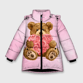 Зимняя куртка для девочек 3D с принтом Плюшевый медведь с сердечком в Курске, ткань верха — 100% полиэстер; подклад — 100% полиэстер, утеплитель — 100% полиэстер. | длина ниже бедра, удлиненная спинка, воротник стойка и отстегивающийся капюшон. Есть боковые карманы с листочкой на кнопках, утяжки по низу изделия и внутренний карман на молнии. 

Предусмотрены светоотражающий принт на спинке, радужный светоотражающий элемент на пуллере молнии и на резинке для утяжки. | арт | животные | картинка | медвежонок | мишка | плюшевый медведь | рисунок | розовые цветы | розочки | розы | сердечко | сердце | сердце из роз | цветы